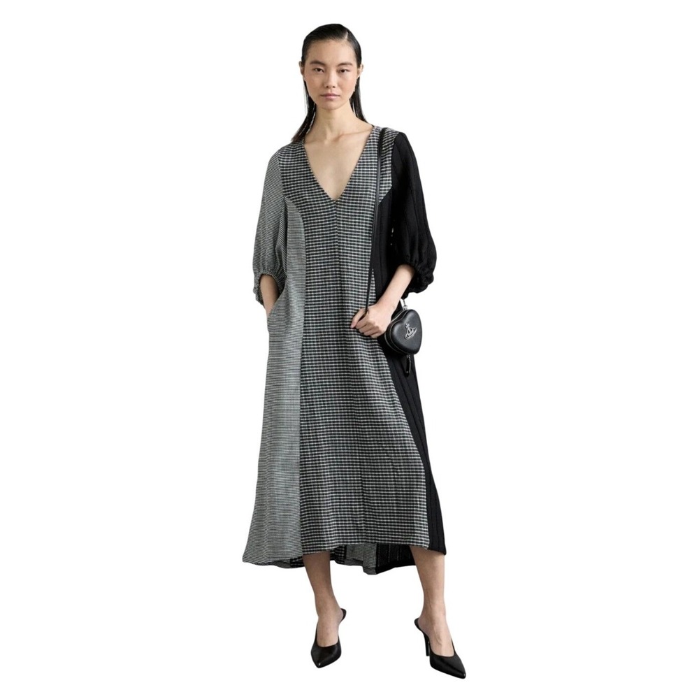 Stine‎ Goya three quarter sleeve patchwork seersucker midi dress SZ: Medium